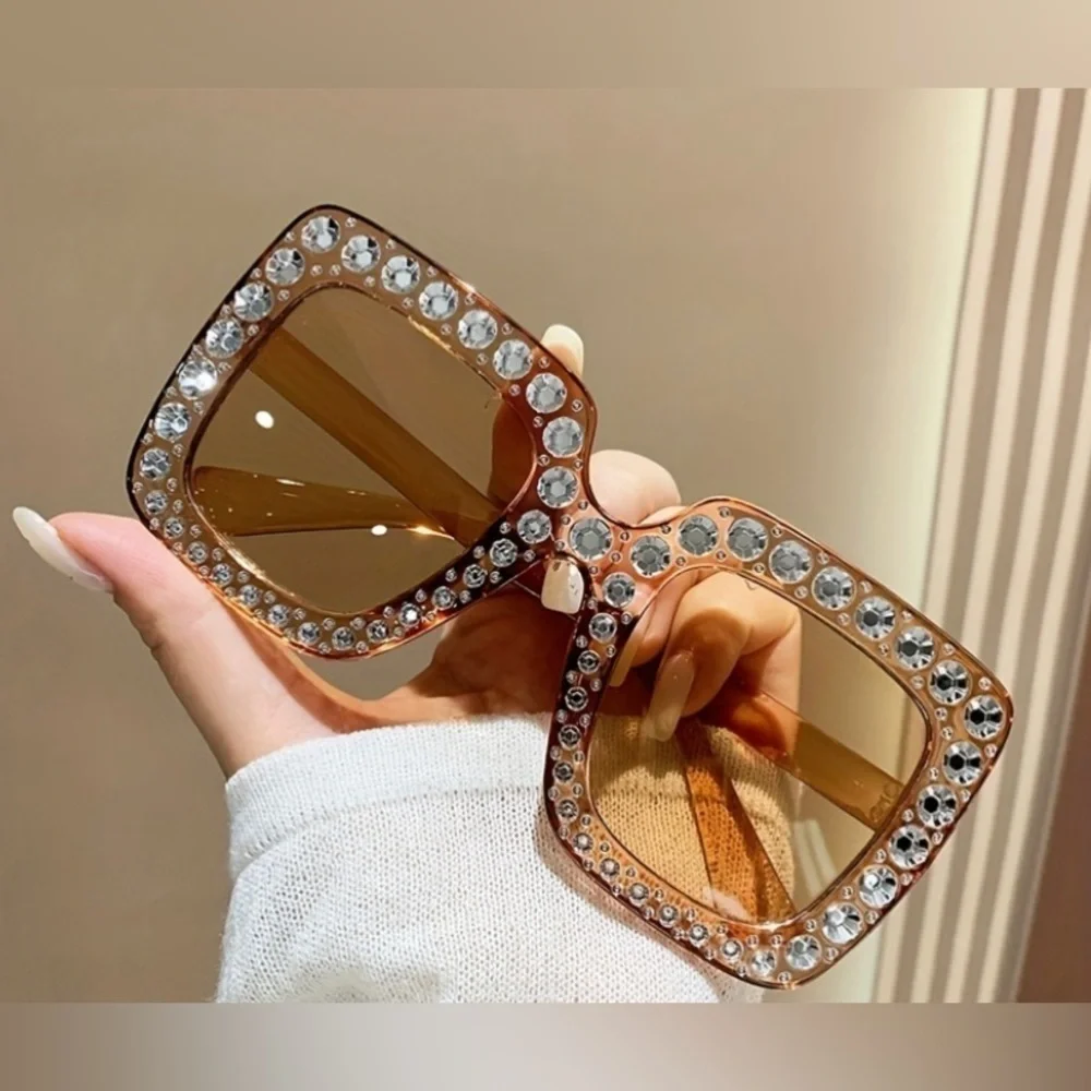 🆕 Women Oversized Rhinestone Sunglasses Square Bling Glasses Tan/Brown🆕